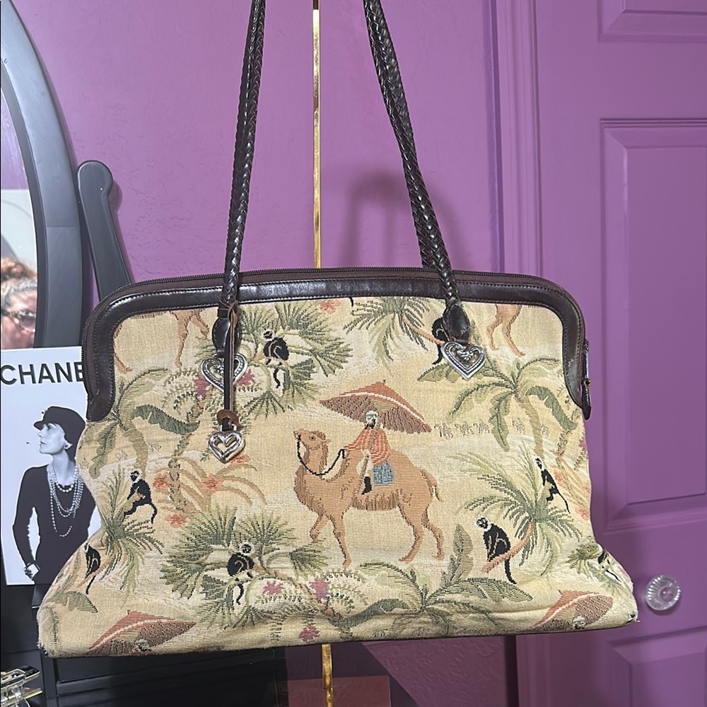 Brighton Tapestry Handbag Leather Travel Tote Satchel Carry On Overnight Bag